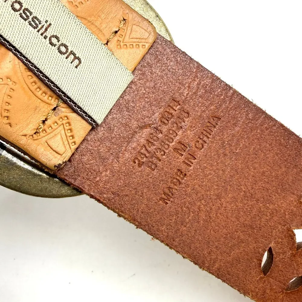 Fossil Boho Belt M 34 Tan Leather Tooled Pinwheel Cut Outs Western Hippie Y2K